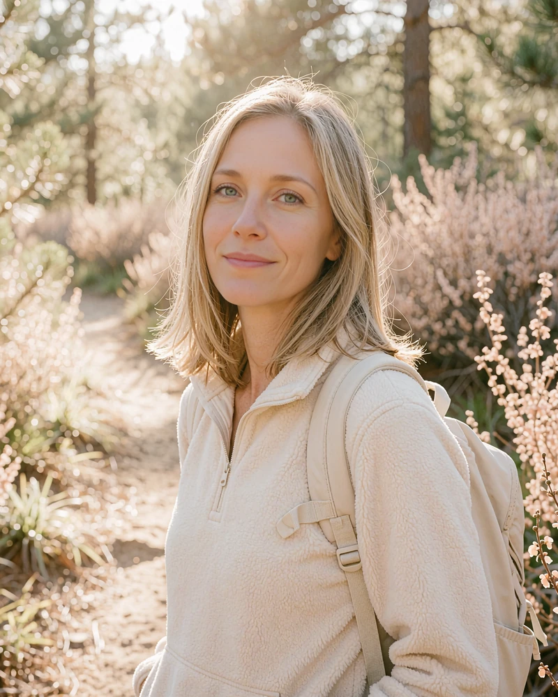 Smiling woman in a cream fleece on a forest trail, an example Silkslove profile card for outdoorsy hiking fans