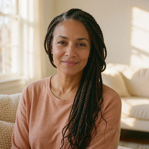 Smiling woman with long box braids in a terracotta top, an illustrative Silkslove preview for family-minded singles
