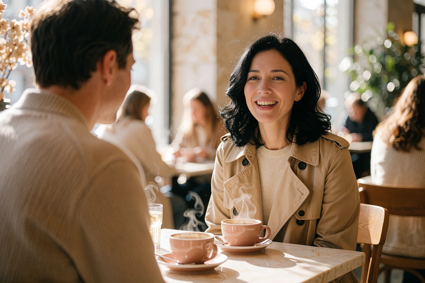 Woman laughing during a safe first date at a sunlit café, illustrating safe international dating tips