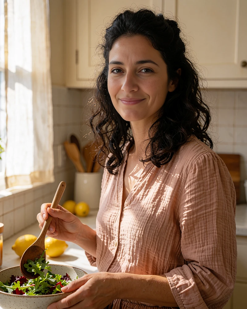 Warm-smiling woman with dark wavy hair holding a wooden spoon in a kitchen, example Silkslove profile for home cooks