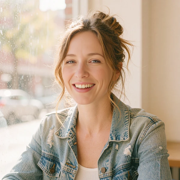 Woman with a messy bun in a denim jacket laughing at a cafe, a sample Silkslove profile for road trip lovers