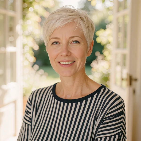 Woman in her forties with a silver pixie cut and striped top, a sample profile showing mature singles on Silkslove