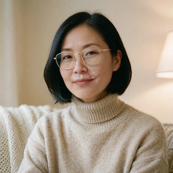 Woman with a black bob and gold glasses in an oatmeal sweater, an illustrative preview of a Silkslove dating profile