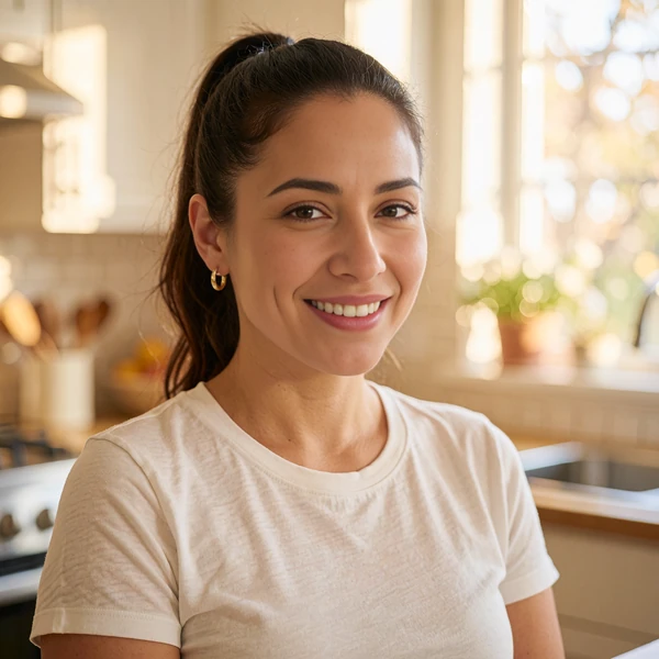 Latina woman with a sleek ponytail and gold hoops in a white tee, a sample Silkslove profile for hiking fans