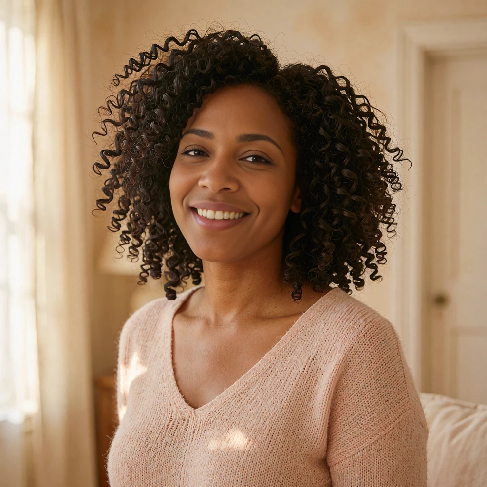 Joyful Black woman with dark curls in a blush knit top, a sample portrait for this Silkslove review of online dating