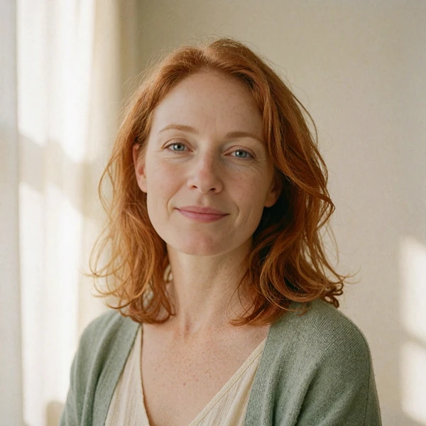 Woman with copper hair and freckles in a sage cardigan, an illustrative Silkslove profile preview for book lovers