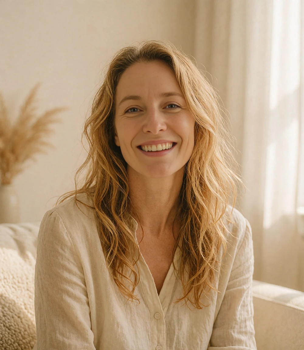 Smiling woman with honey-blonde waves in a cream linen blouse, an illustrative Silkslove dating profile photo