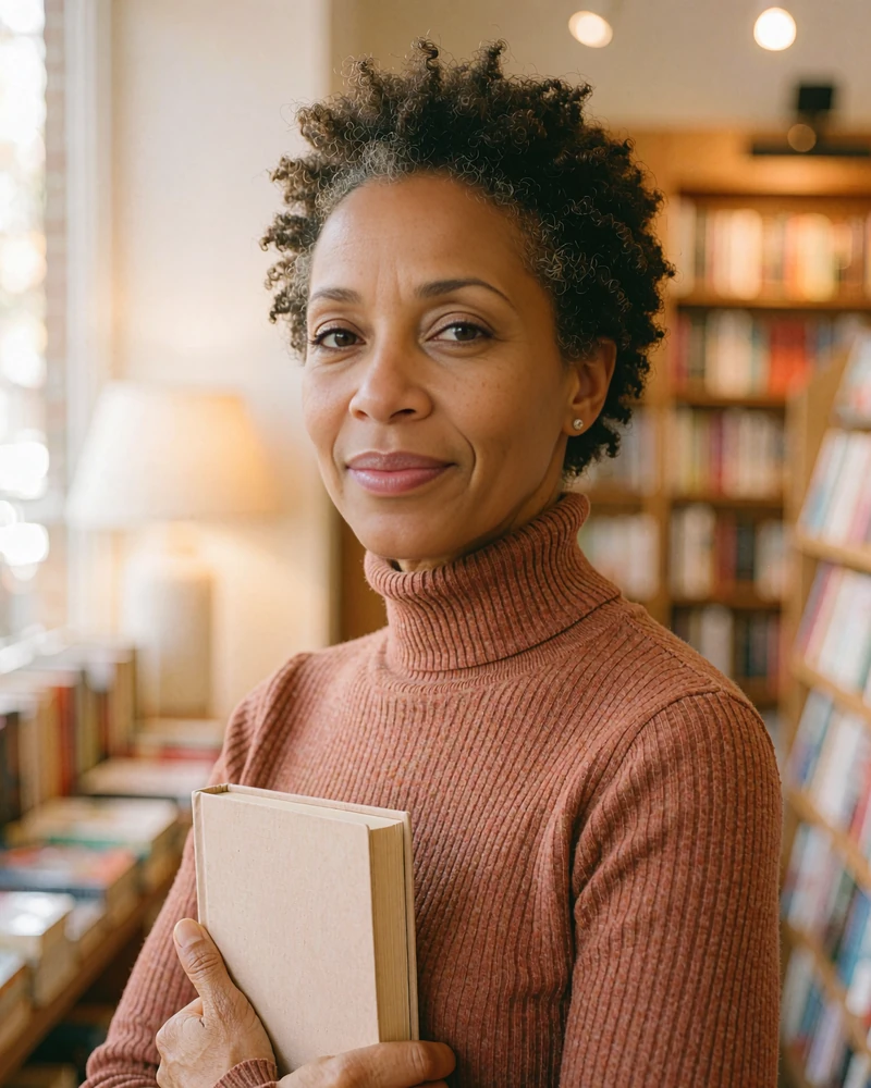 Woman with a short natural afro in a rust turtleneck holding a book, example Silkslove profile for book lovers